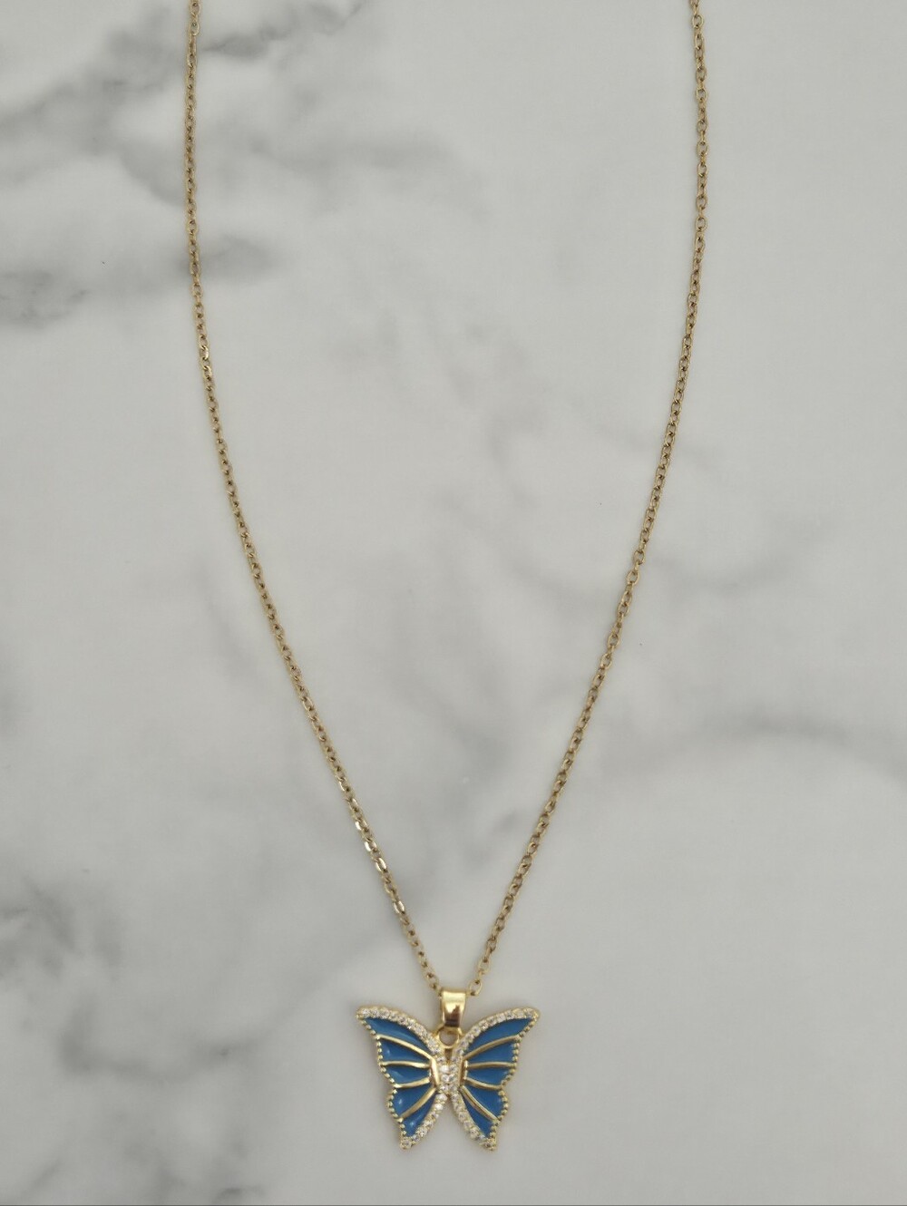 Gold Blue Enamel Butterfly Pendant Necklace Dainty Womens Jewelry - Picture 3 of 9